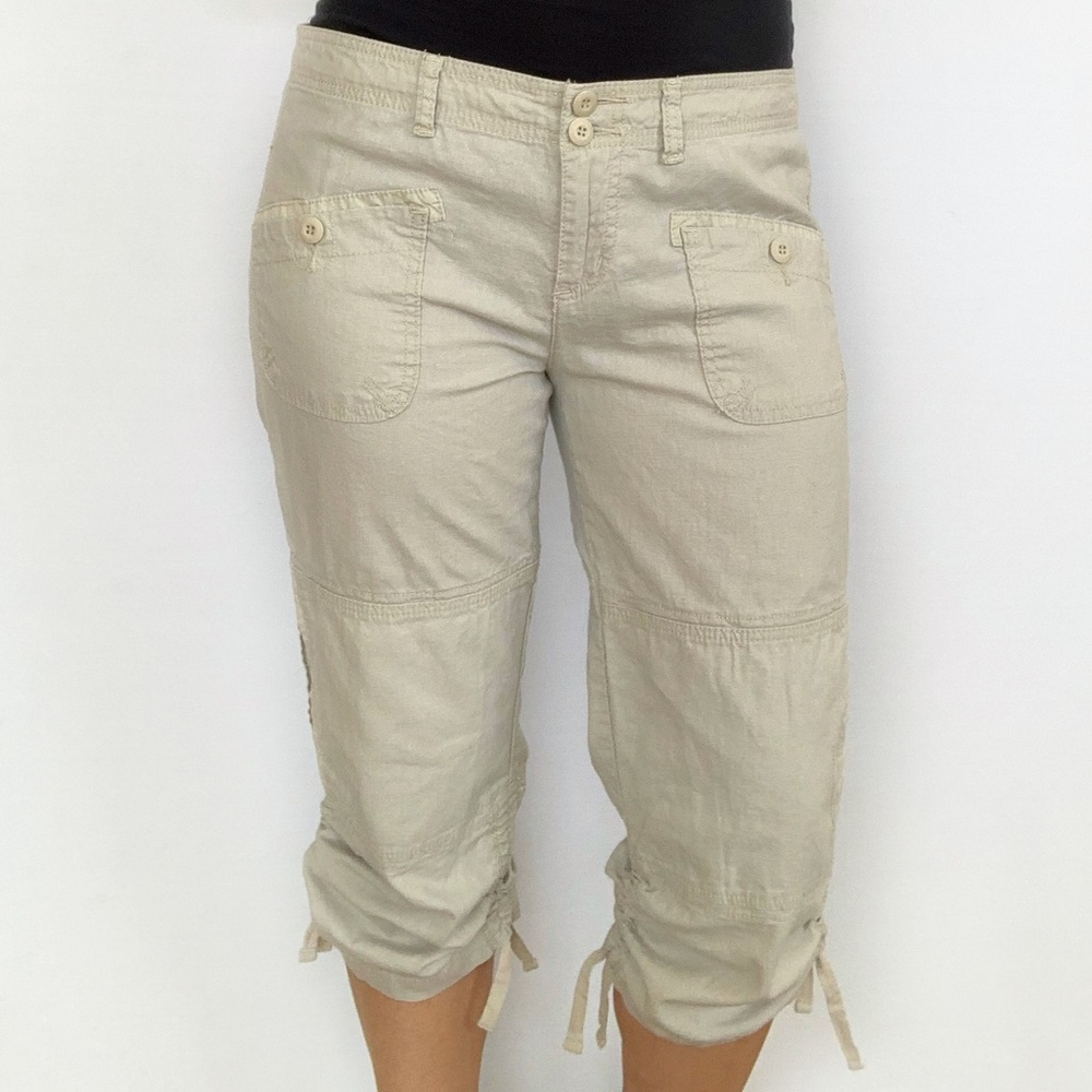 prAna Linen Capris Cropped Pants Khaki Pockets